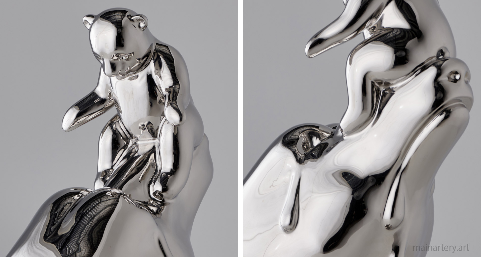 mirror polished polar bear cub mother sculpture image