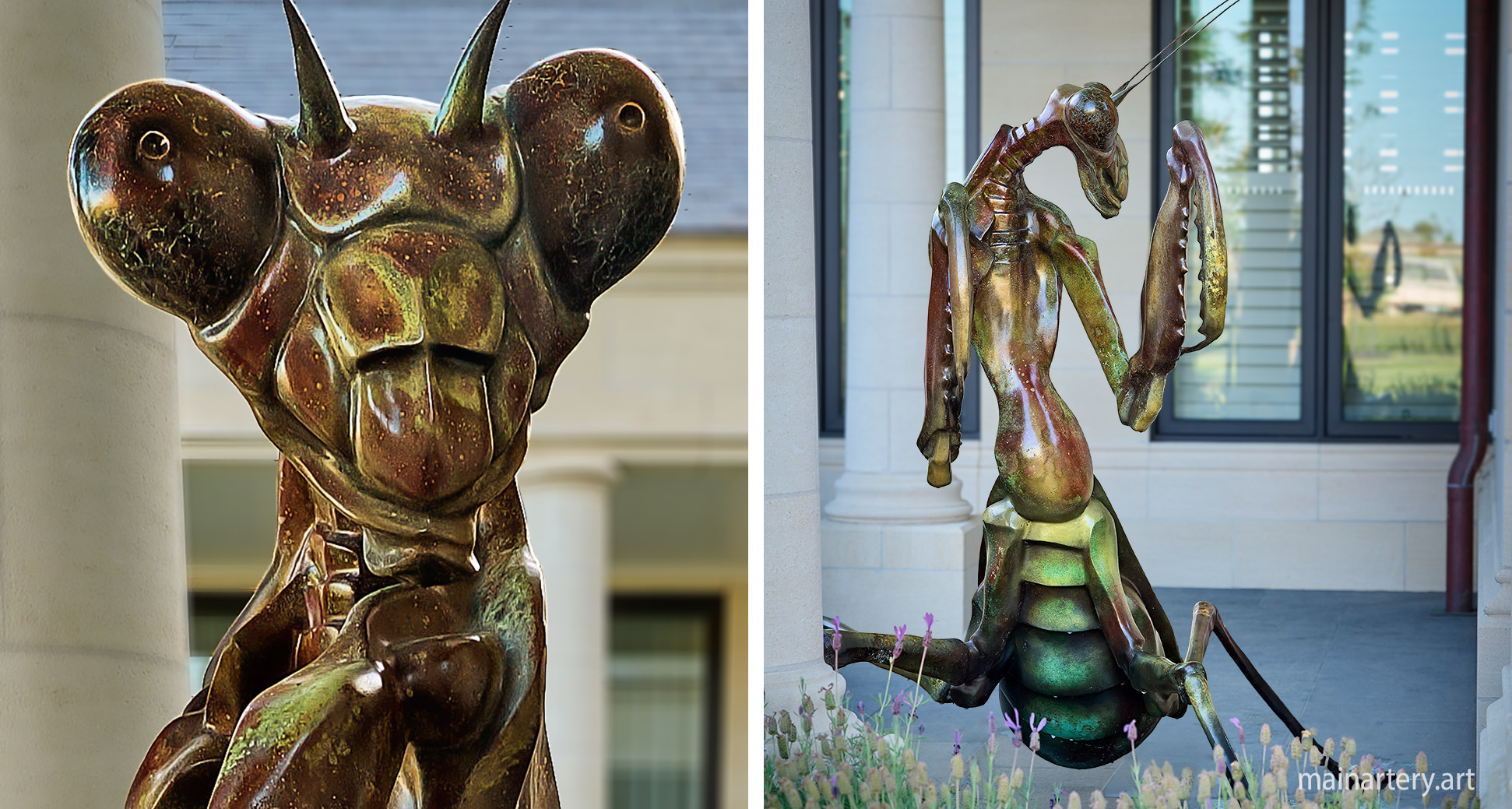 freestanding patina realistic praying mantis garden sculpture image