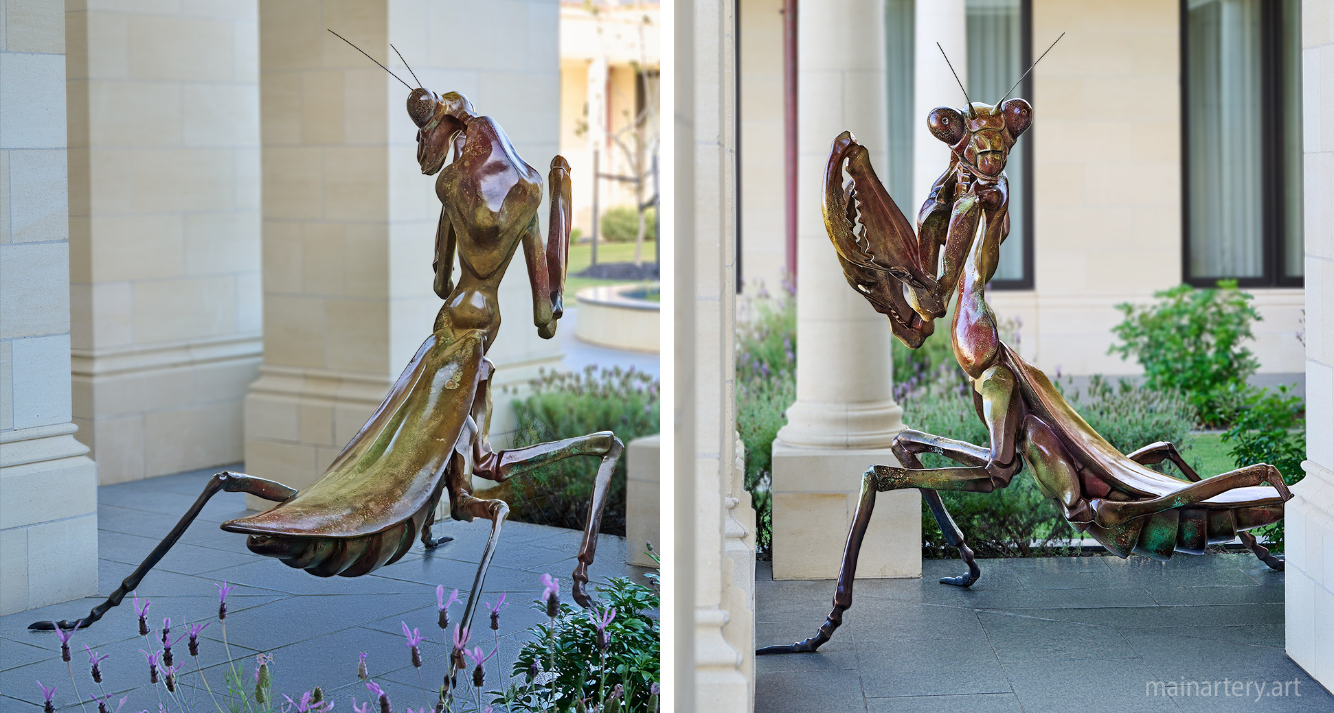 large bronze surreal praying mantis landscape artwork image
